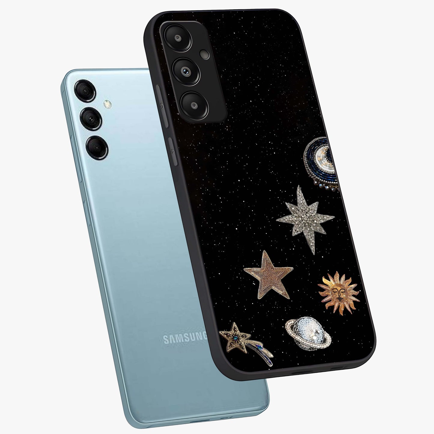 Galactic Charm Glow Glass Case displayed in angled mockup highlighting luminous galaxy inspired design with dreamy aesthetic.