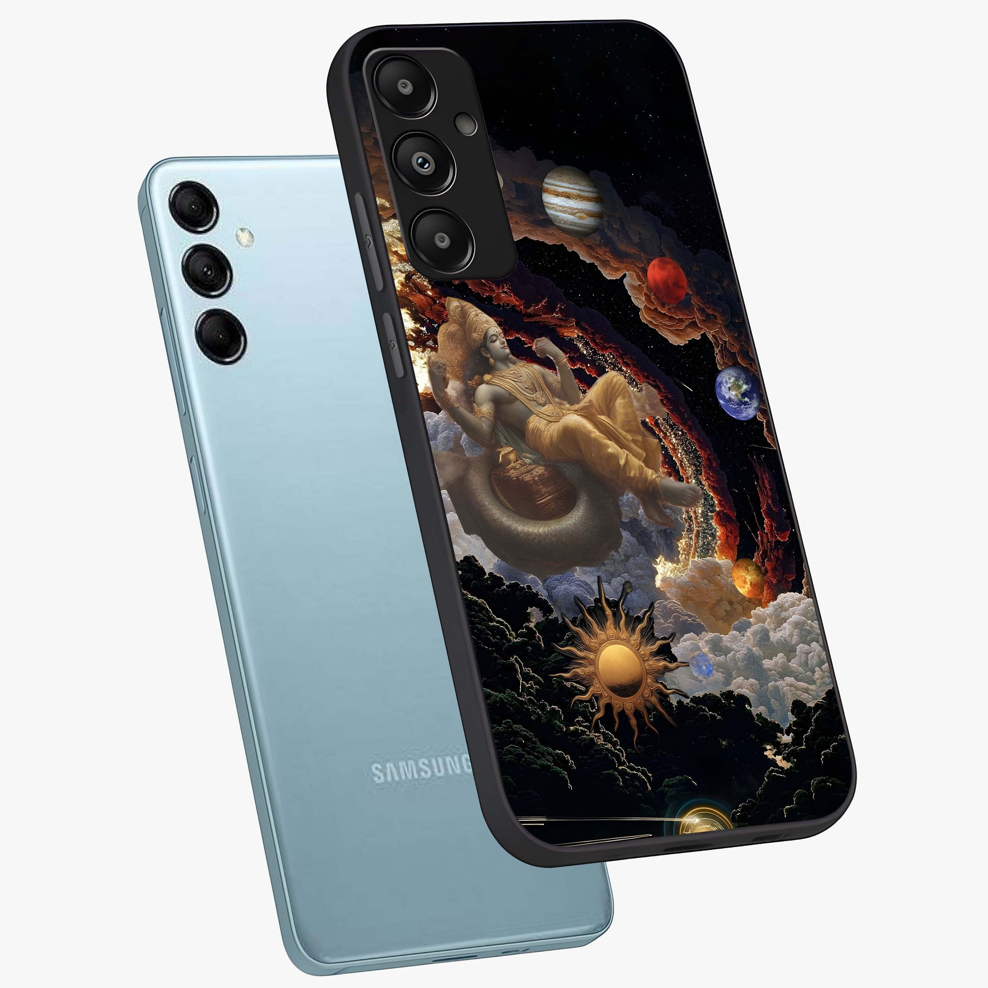 Galactic Divine God Glass Case displayed in angled mockup highlighting powerful celestial deity illustration with galactic aesthetic.