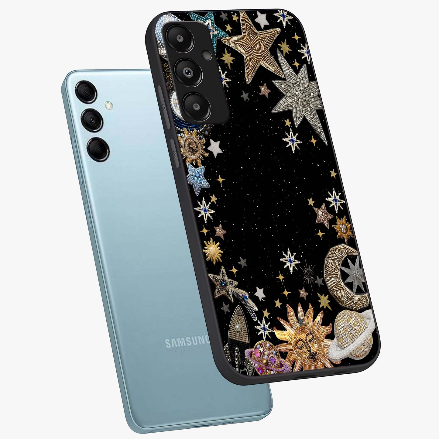Galactic Jewel Stars Glass Case displayed in angled mockup highlighting shining celestial star design with cosmic aesthetic style.