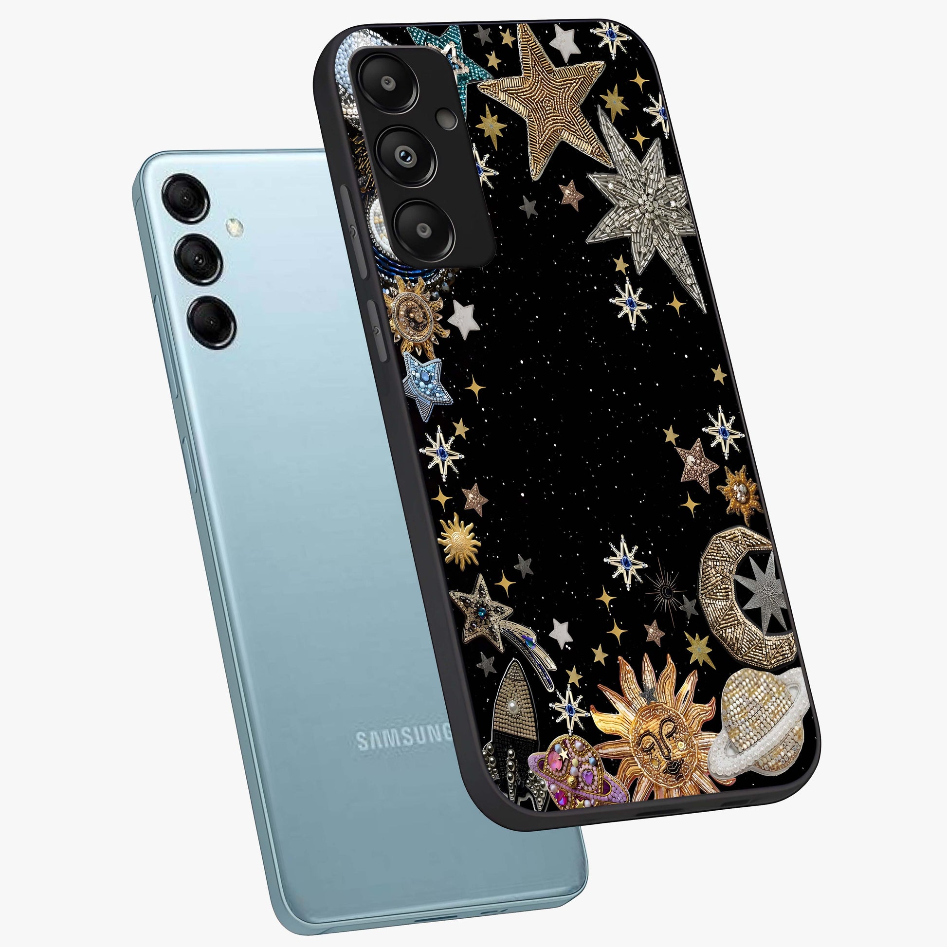 Galactic Jewel Stars Glass Case displayed in angled mockup highlighting shining celestial star design with cosmic aesthetic style.