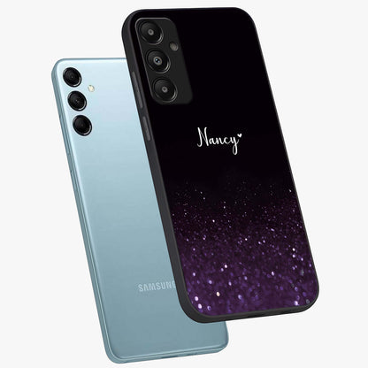 Glittery Purple Bokeh Custom Name Glass Case displayed in angled mockup highlighting glitter bokeh pattern with custom name feature.
