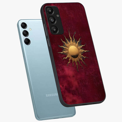 Golden Sun Minimalism Glass Case displayed in angled mockup highlighting clean sun symbol design with modern minimal aesthetic.