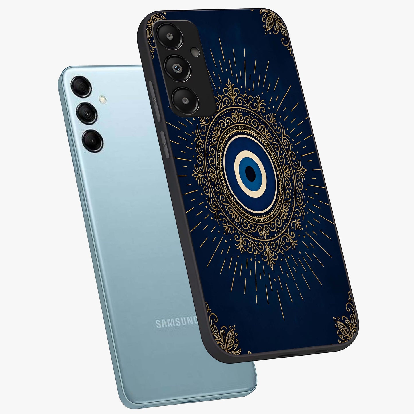 Golden Celestial Charm Glass Case displayed in angled mockup highlighting sparkling cosmic charm design with celestial aesthetic.