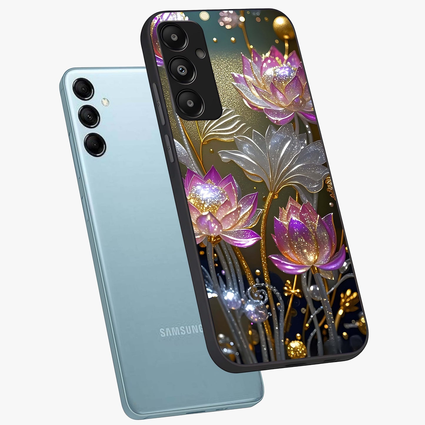 Golden Floral Majesty Glass Case displayed in angled mockup highlighting elegant flower design with royal golden aesthetic.