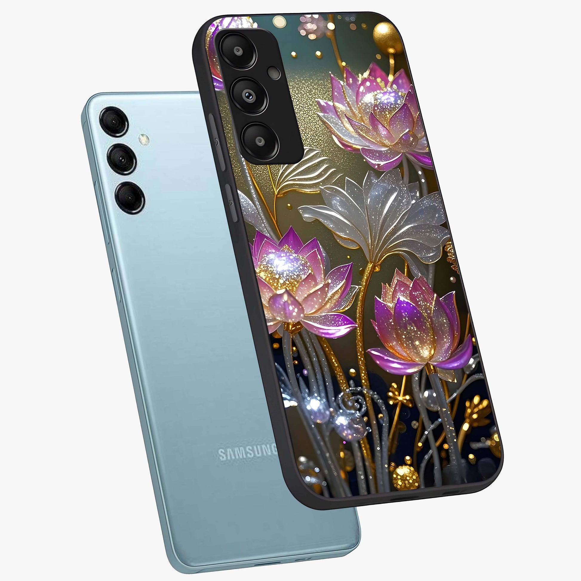 Golden Floral Majesty Glass Case displayed in angled mockup highlighting elegant flower design with royal golden aesthetic.