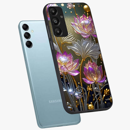 Golden Floral Majesty Glass Case displayed in angled mockup highlighting elegant flower design with royal golden aesthetic.