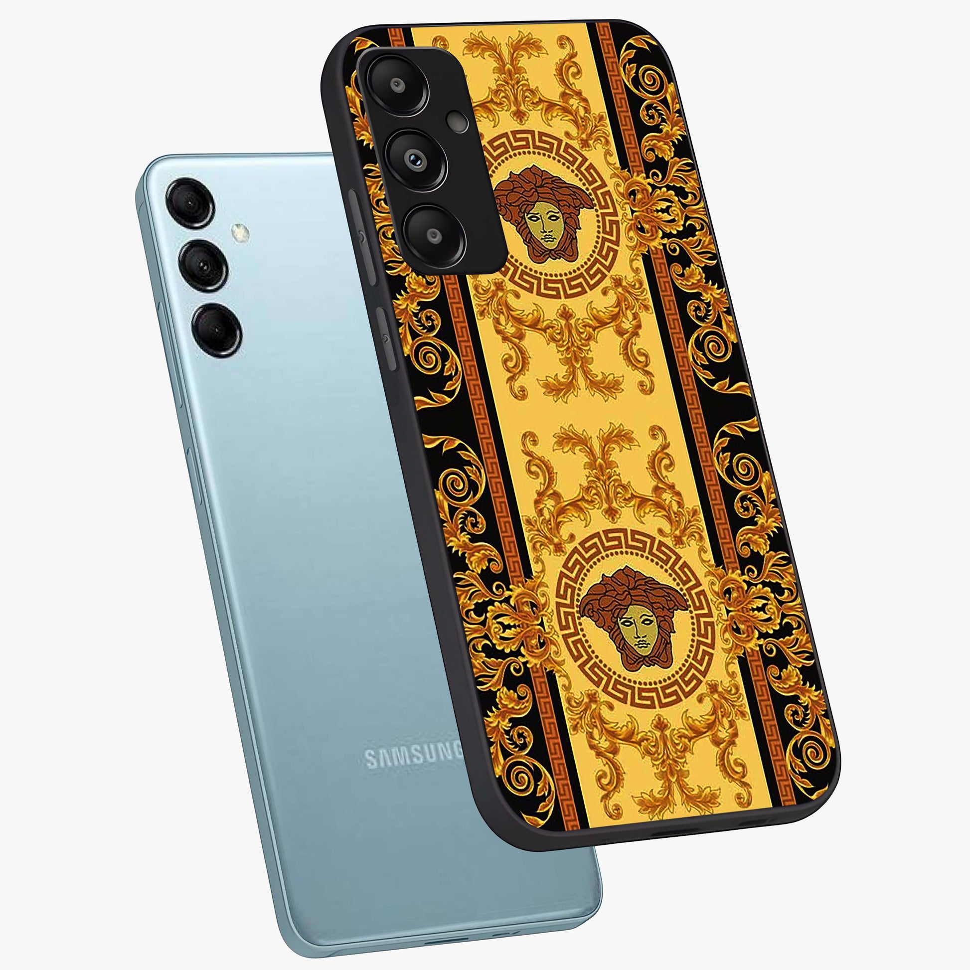 Golden Lotus Glow Glass Case displayed in angled mockup highlighting radiant lotus illustration with spiritual aesthetic.