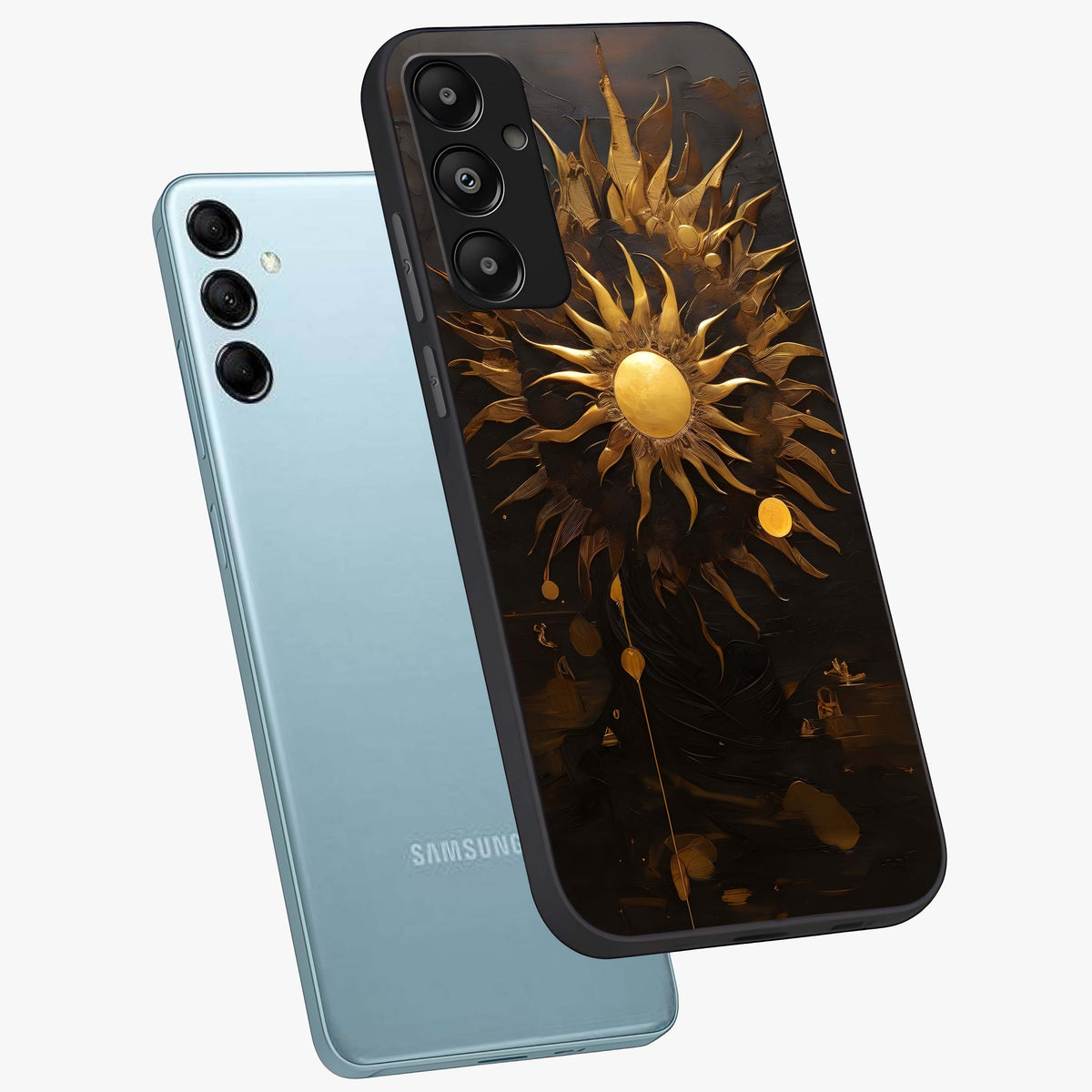 Golden Sun Majesty Glass Case displayed in angled mockup highlighting eerie shadow illustration with gothic aesthetic.
