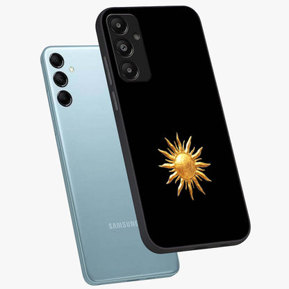 Golden Sun Minimalism Glass Case displayed in angled mockup highlighting eerie shadow illustration with gothic aesthetic.