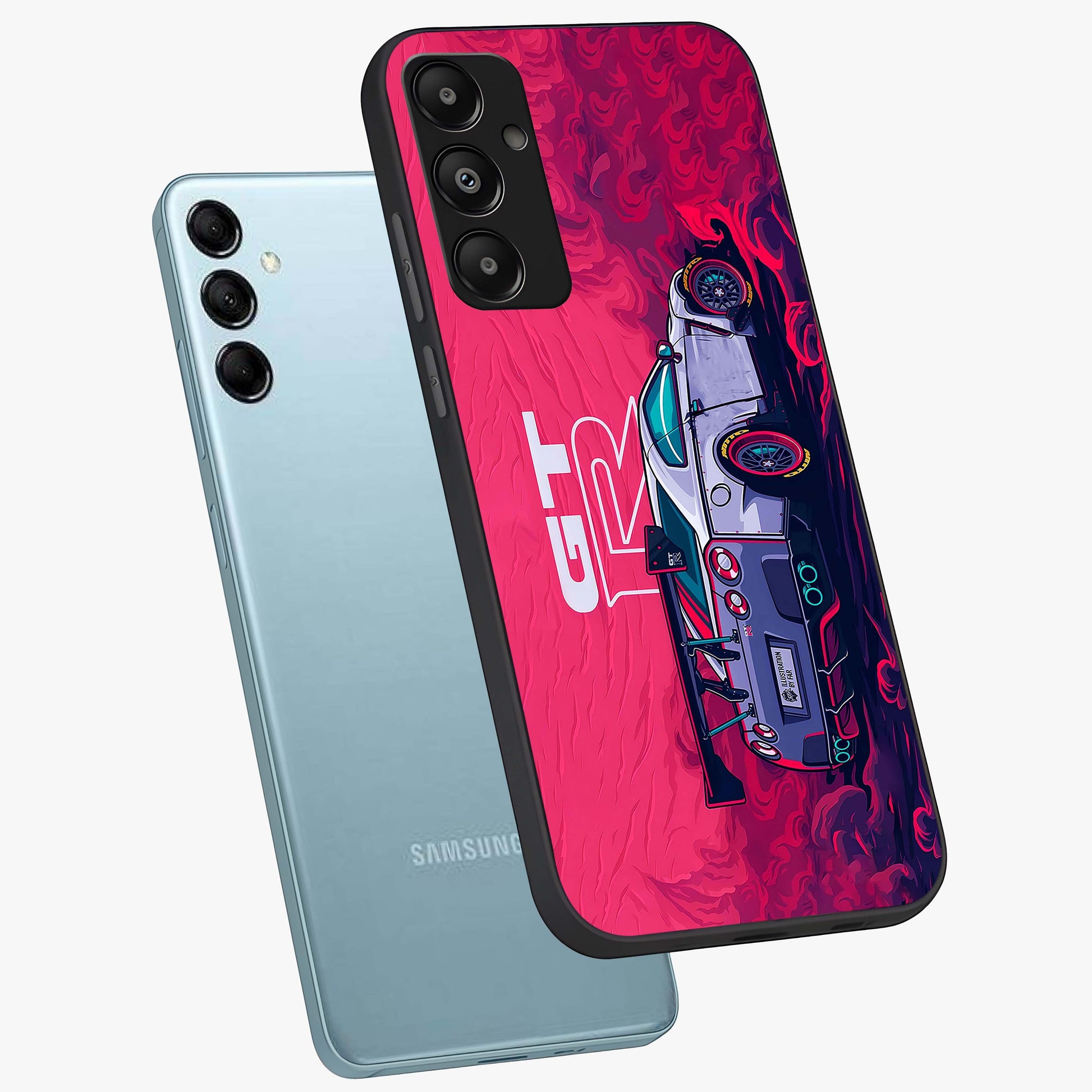 GT-R Car Pattern Glass Case displayed in angled mockup highlighting racing car graphic design with bold automotive aesthetic.