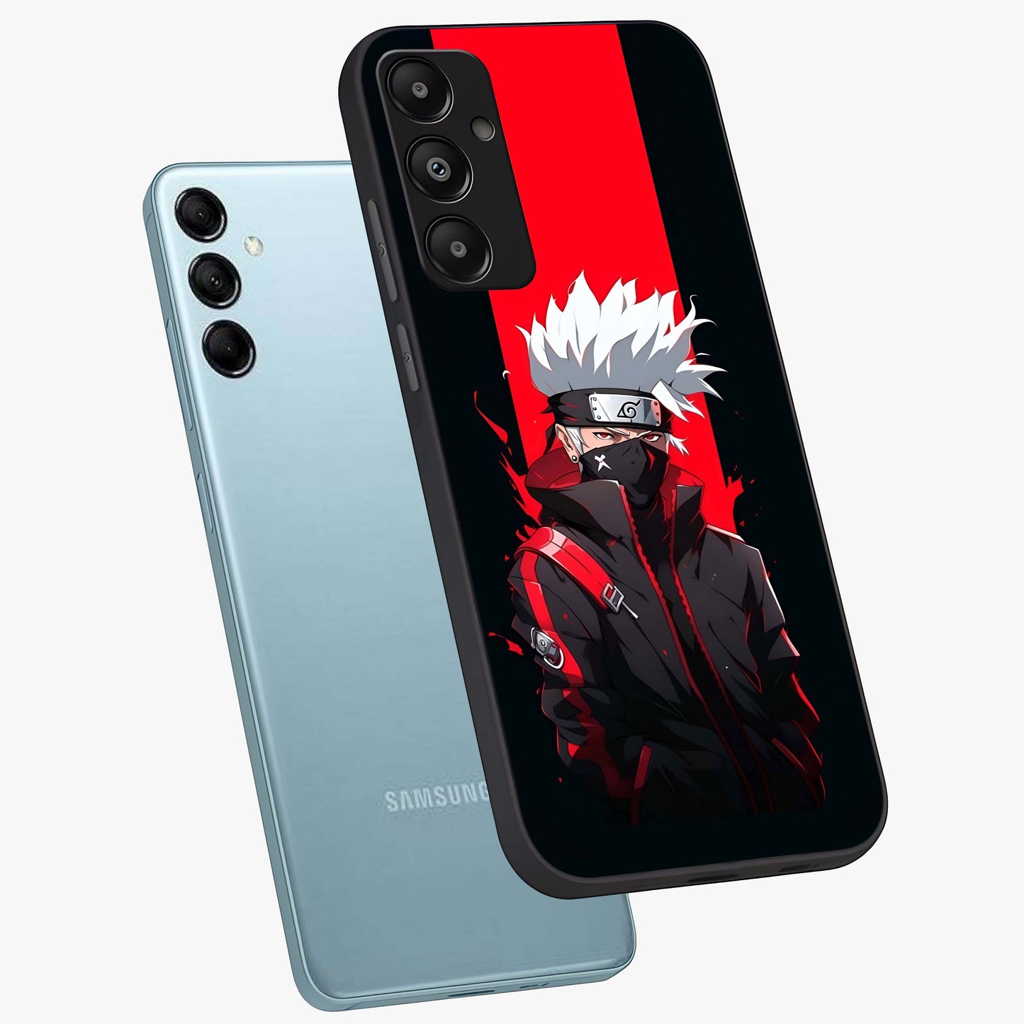 Kakashi Scarlet Shadow Glass Case displayed in angled mockup highlighting dramatic ninja illustration with scarlet themed aesthetic.