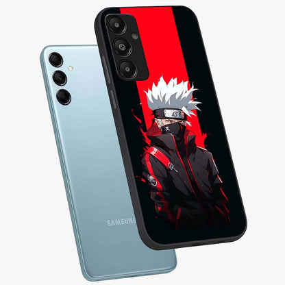 Kakashi Scarlet Shadow Glass Case displayed in angled mockup highlighting dramatic ninja illustration with scarlet themed aesthetic.