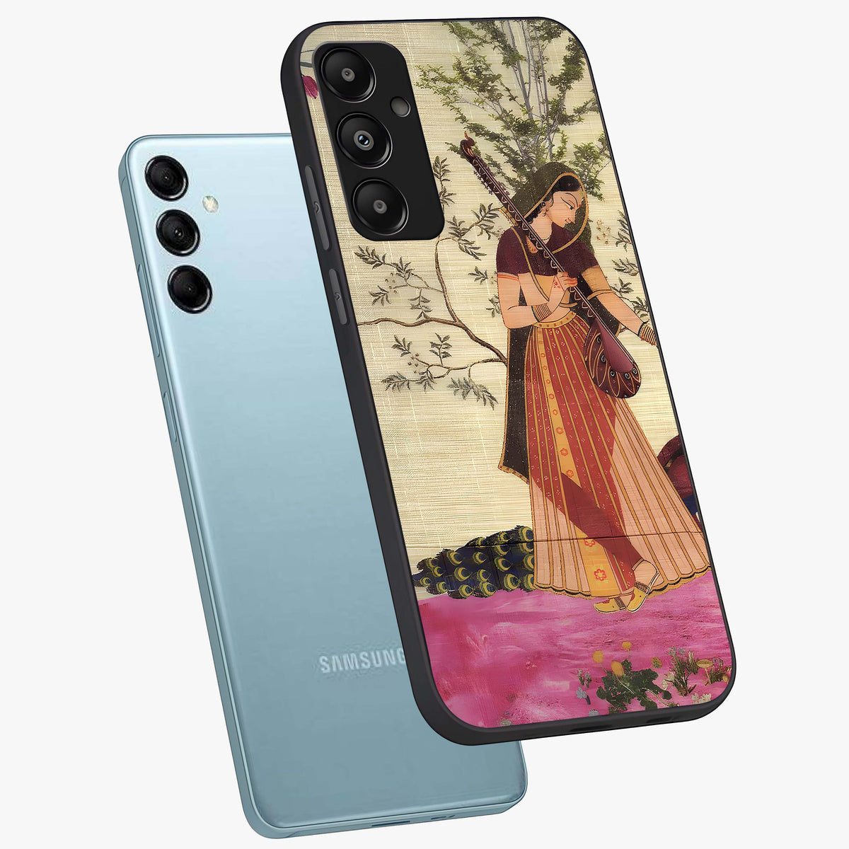 Lady With Veena Art Glass Case displayed in angled mockup highlighting graceful musical illustration with cultural artistic aesthetic.