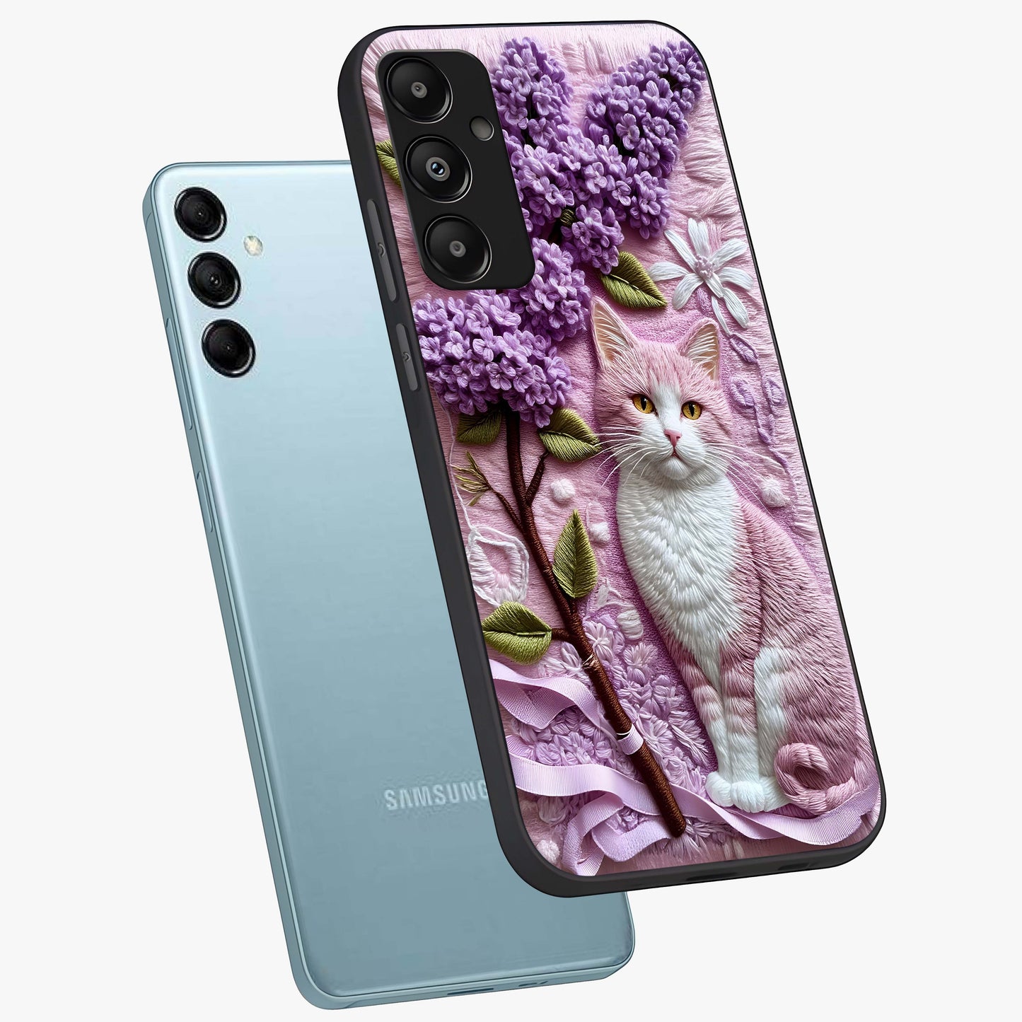 Lavender Cat Whimsy Glass Case displayed in angled mockup highlighting playful feline illustration with pastel lavender aesthetic.