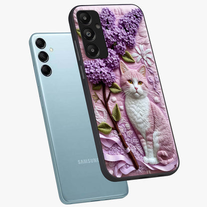 Lavender Cat Whimsy Glass Case displayed in angled mockup highlighting playful feline illustration with pastel lavender aesthetic.
