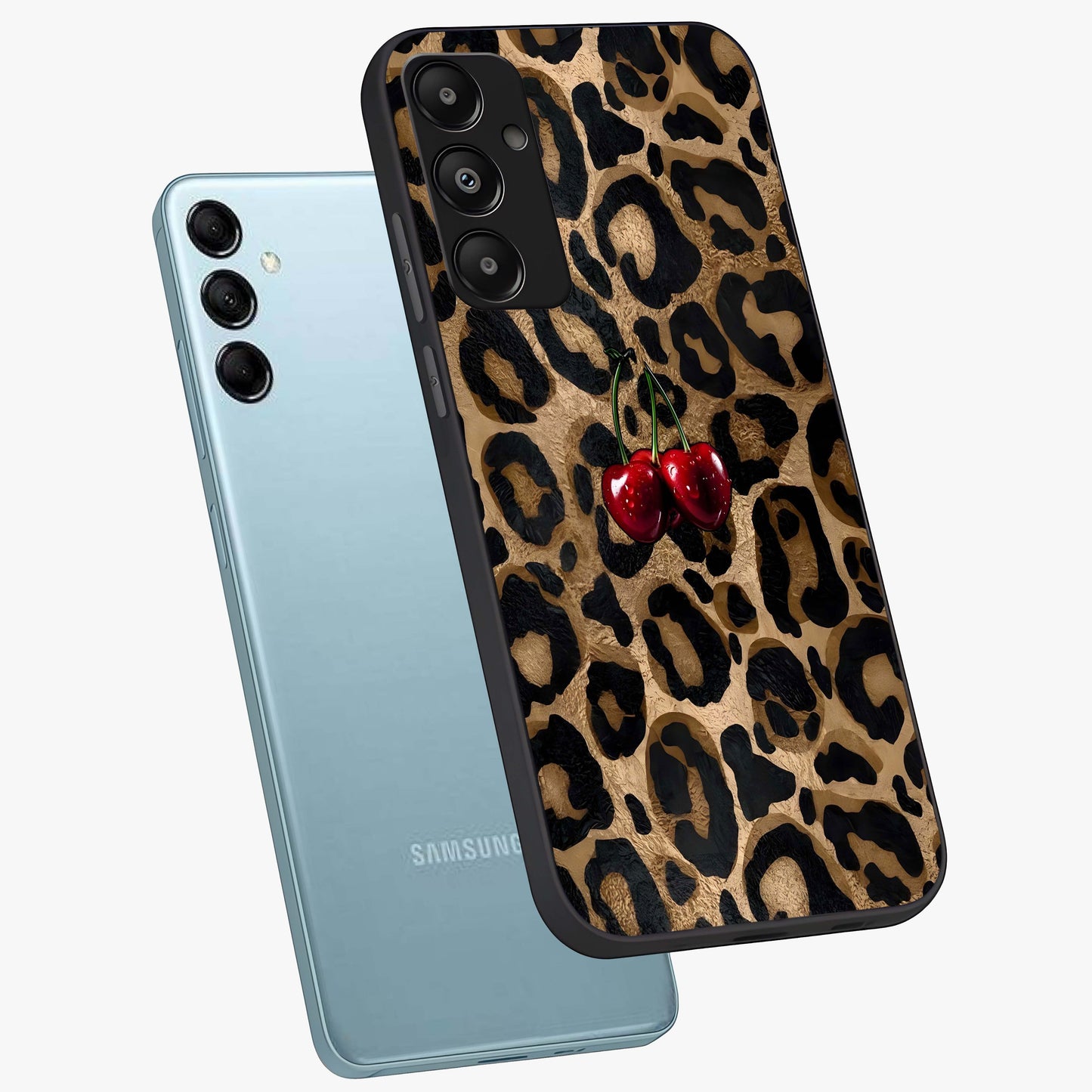 Leopard Wild Cherry Glass Case displayed in angled mockup highlighting bold animal print design with playful cherry aesthetic.
