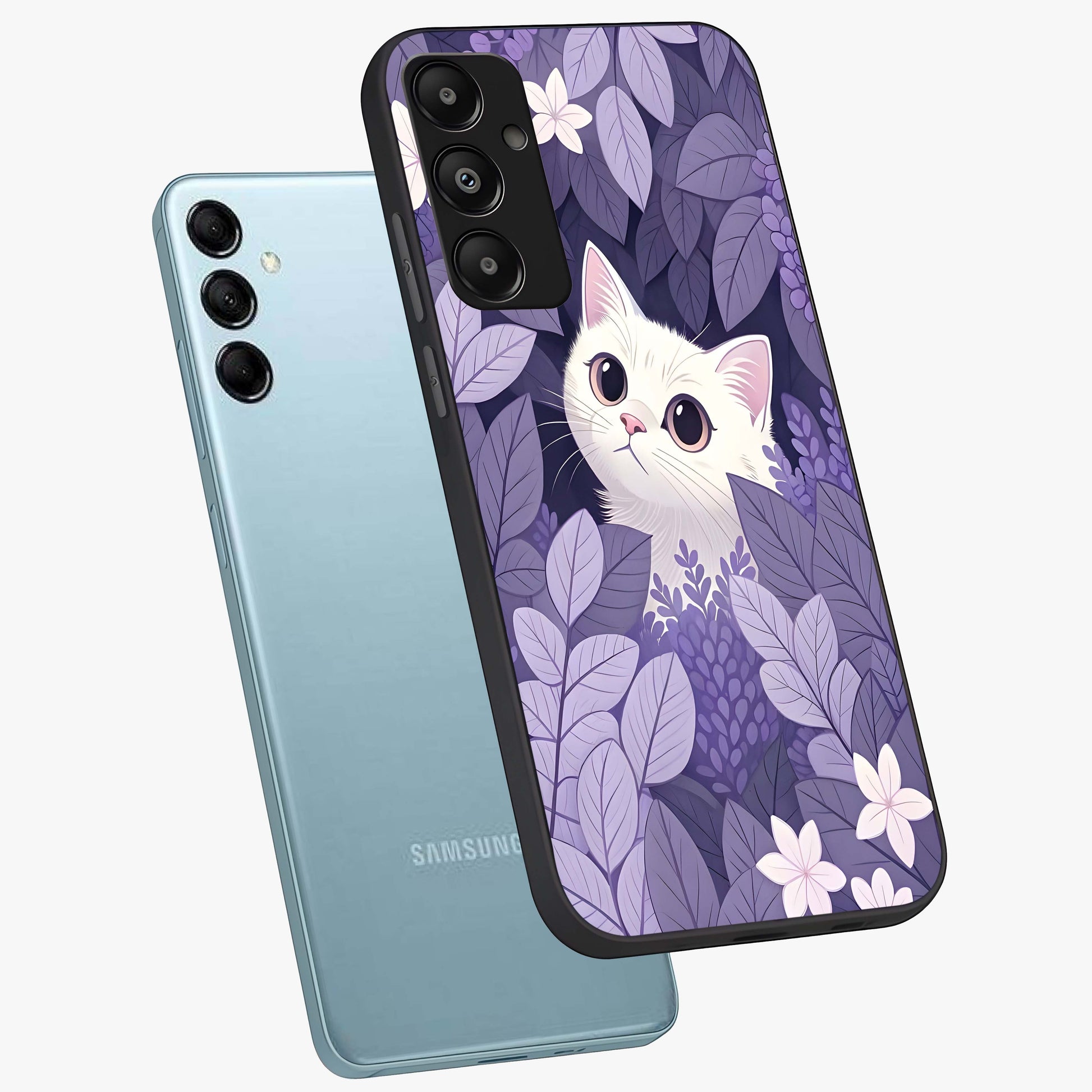 Lilac Hide Peek Cat Glass Case displayed in angled mockup highlighting playful feline illustration with lilac aesthetic design.