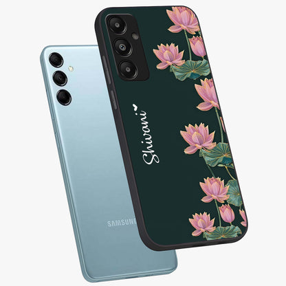 Lotus Bloom Serenity Custom Name Glass Case displayed in angled mockup highlighting graceful lotus illustration with custom name feature.