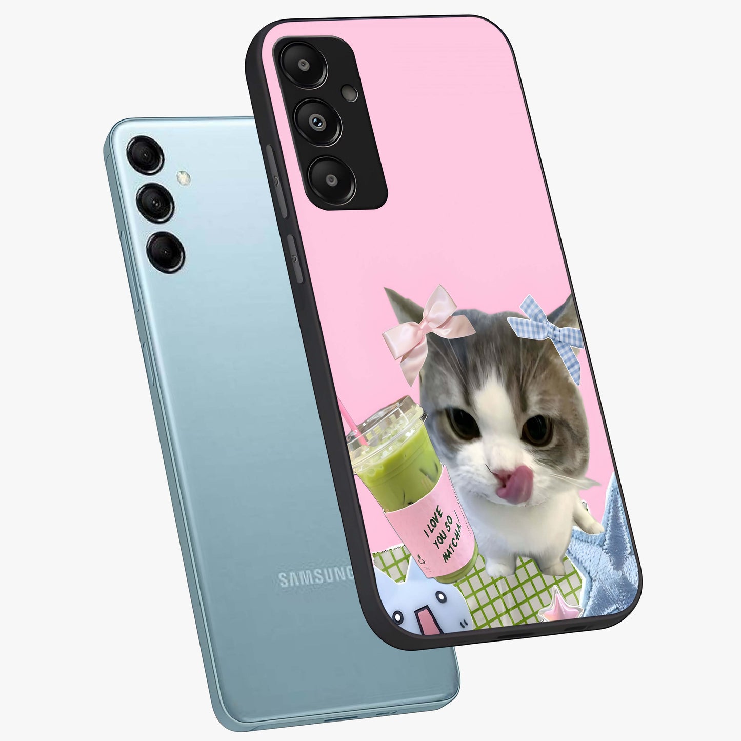 Love Matcha Cat Glass Case displayed in angled mockup highlighting playful feline illustration with cozy matcha aesthetic.