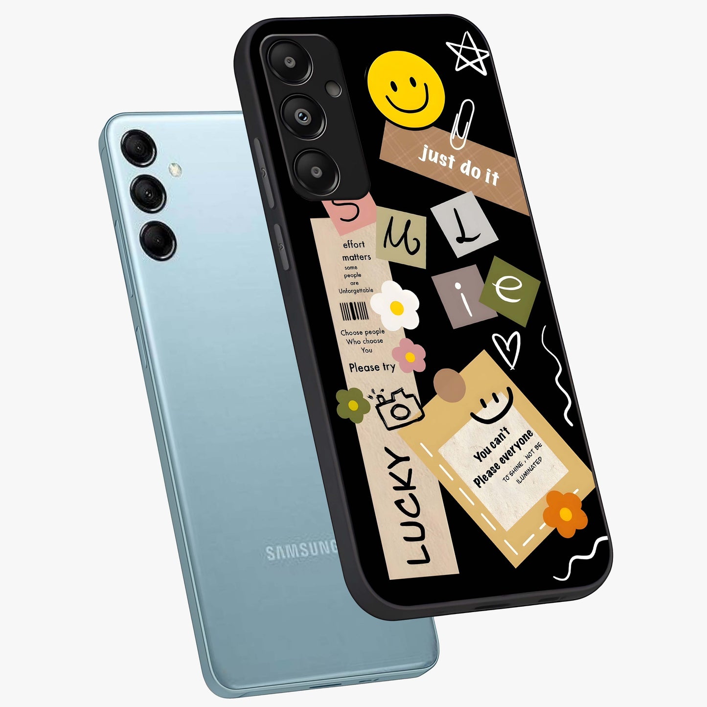 Lucky Aesthetic Collage Glass Case displayed in angled mockup highlighting stylish collage pattern with modern aesthetic vibe.