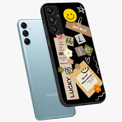 Lucky Aesthetic Collage Glass Case displayed in angled mockup highlighting stylish collage pattern with modern aesthetic vibe.
