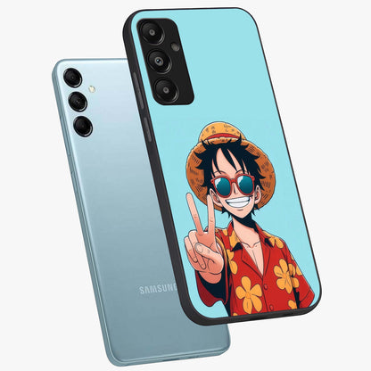 Luffy Summer Anime Vibe Glass Case displayed in angled mockup highlighting energetic anime illustration with summer vibe aesthetic.
