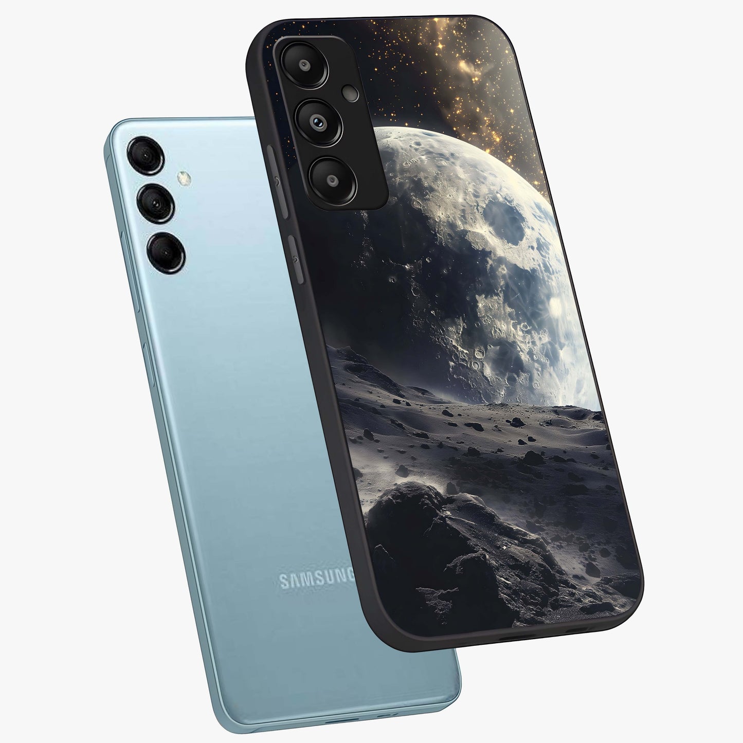 Lunar Horizon Glow Glass Case displayed in angled mockup highlighting celestial moon design with dreamy night aesthetic.
