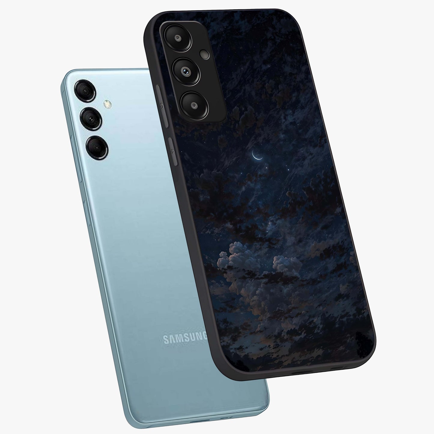 Lunar Veil Silence Glass Case displayed in angled mockup highlighting soft lunar design with peaceful celestial aesthetic.