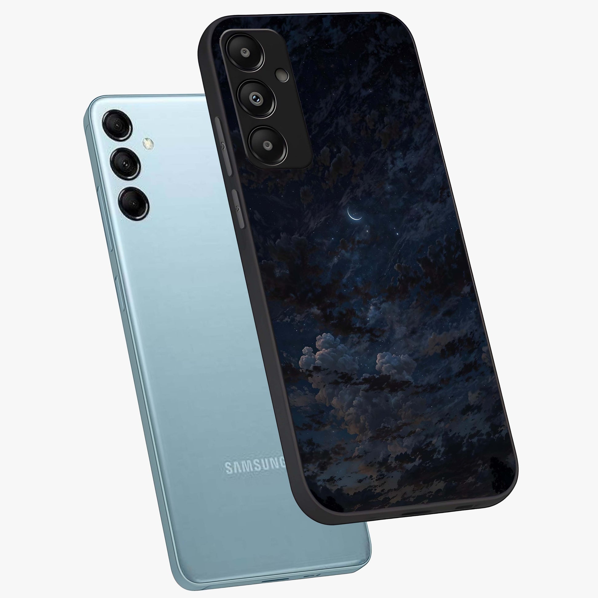 Lunar Veil Silence Glass Case displayed in angled mockup highlighting soft lunar design with peaceful celestial aesthetic.