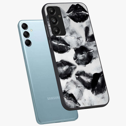 Midnight Kiss Marks Glass Case displayed in angled mockup highlighting playful romantic design with bold midnight aesthetic.