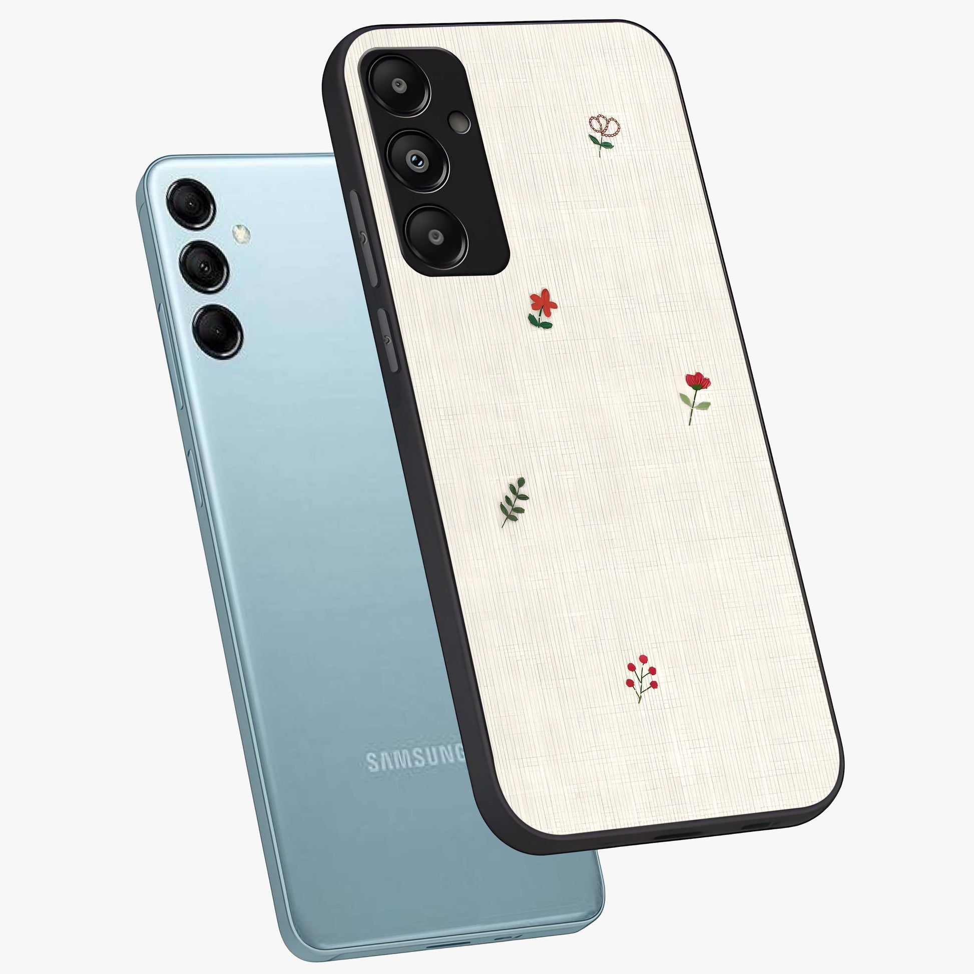 Minimalistic Blue With White Flower Pattern Glass Case displayed in angled mockup highlighting simple floral design with minimal aesthetic.