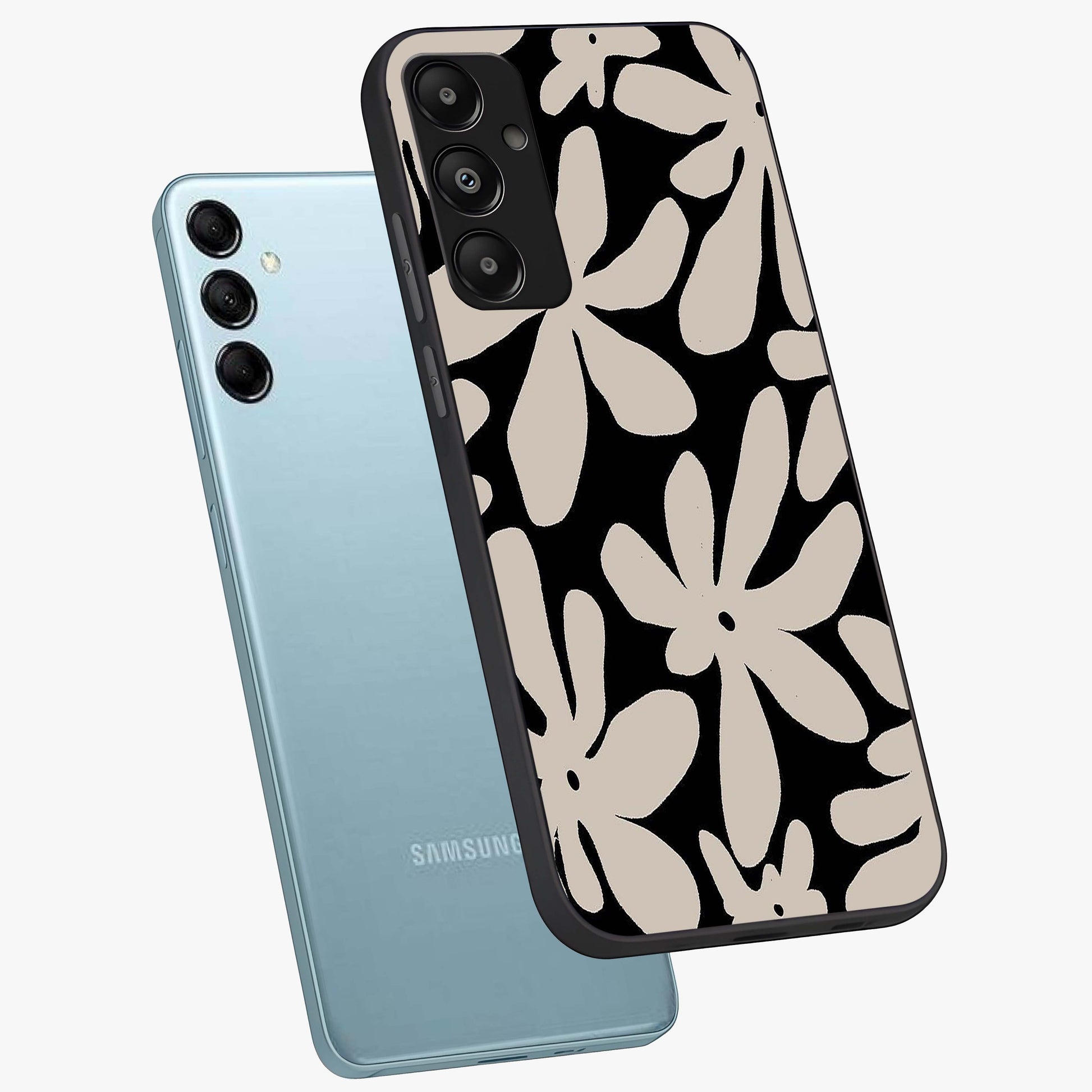 Monochrome Petal Dance Glass Case displayed in angled mockup highlighting elegant petal design with black and white aesthetic.