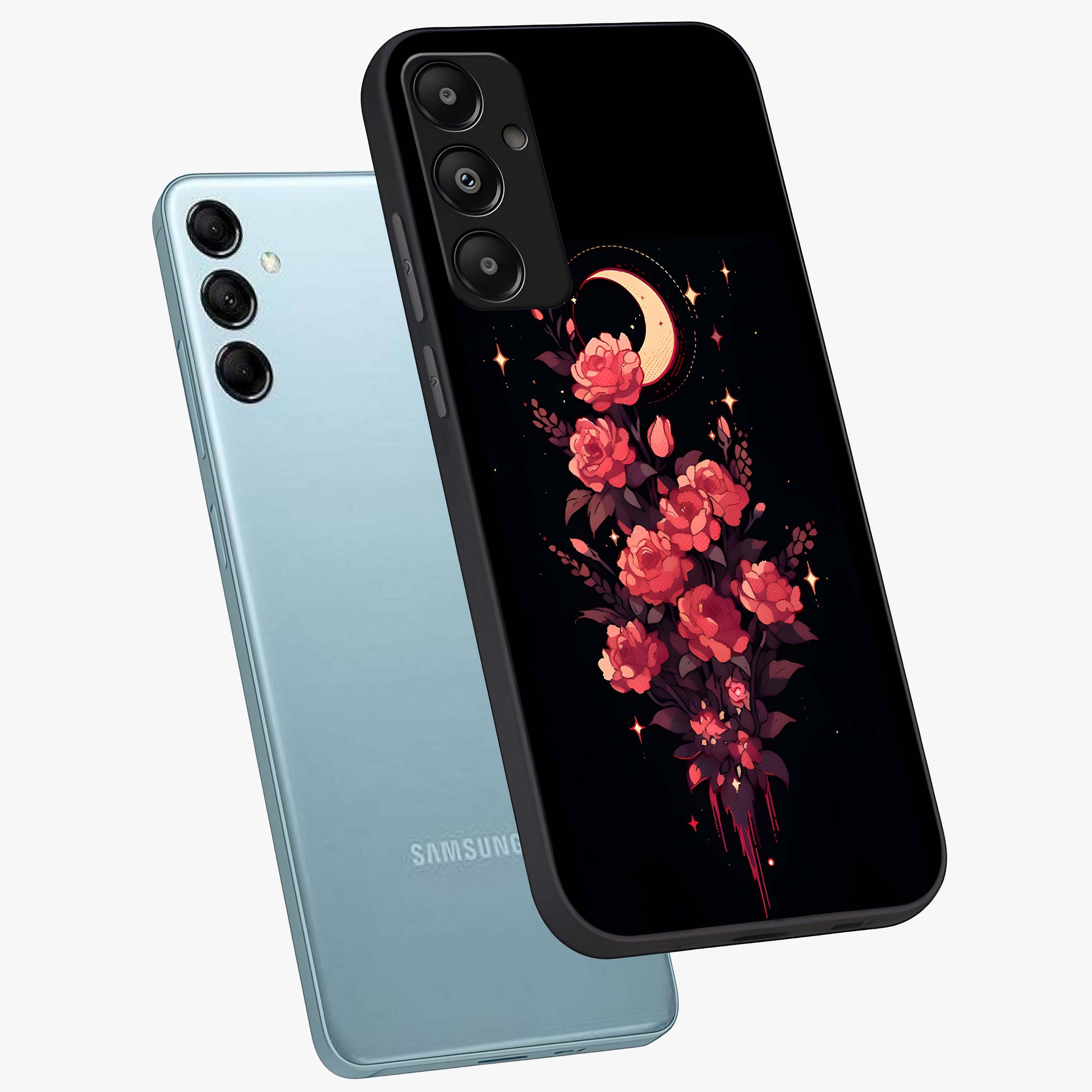 Moonlit Floral Elegance Glass Case displayed in angled mockup highlighting graceful flower design with soft moonlight aesthetic.