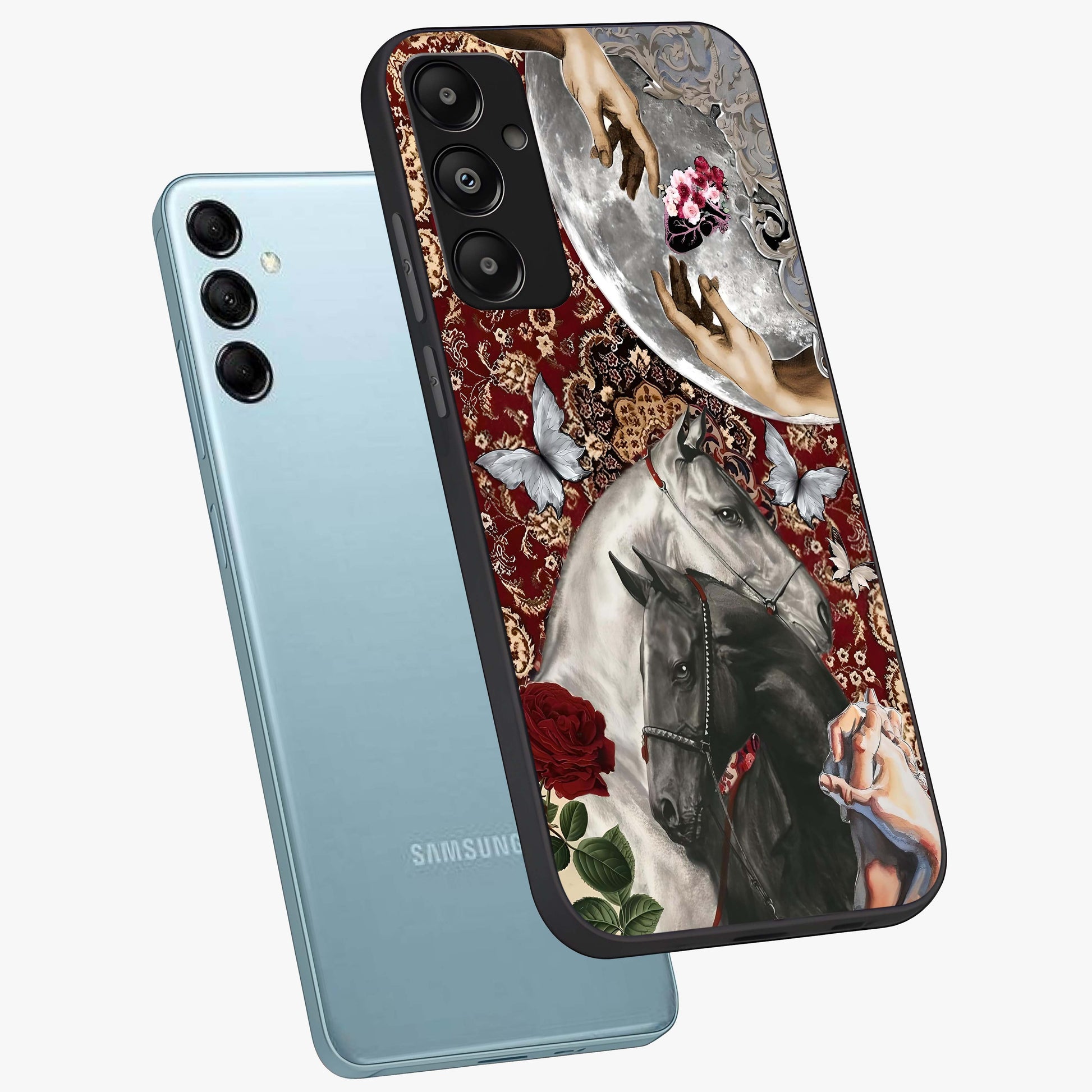 Moonlit Royal Stallion Glass Case displayed in angled mockup highlighting powerful stallion illustration with royal night aesthetic.