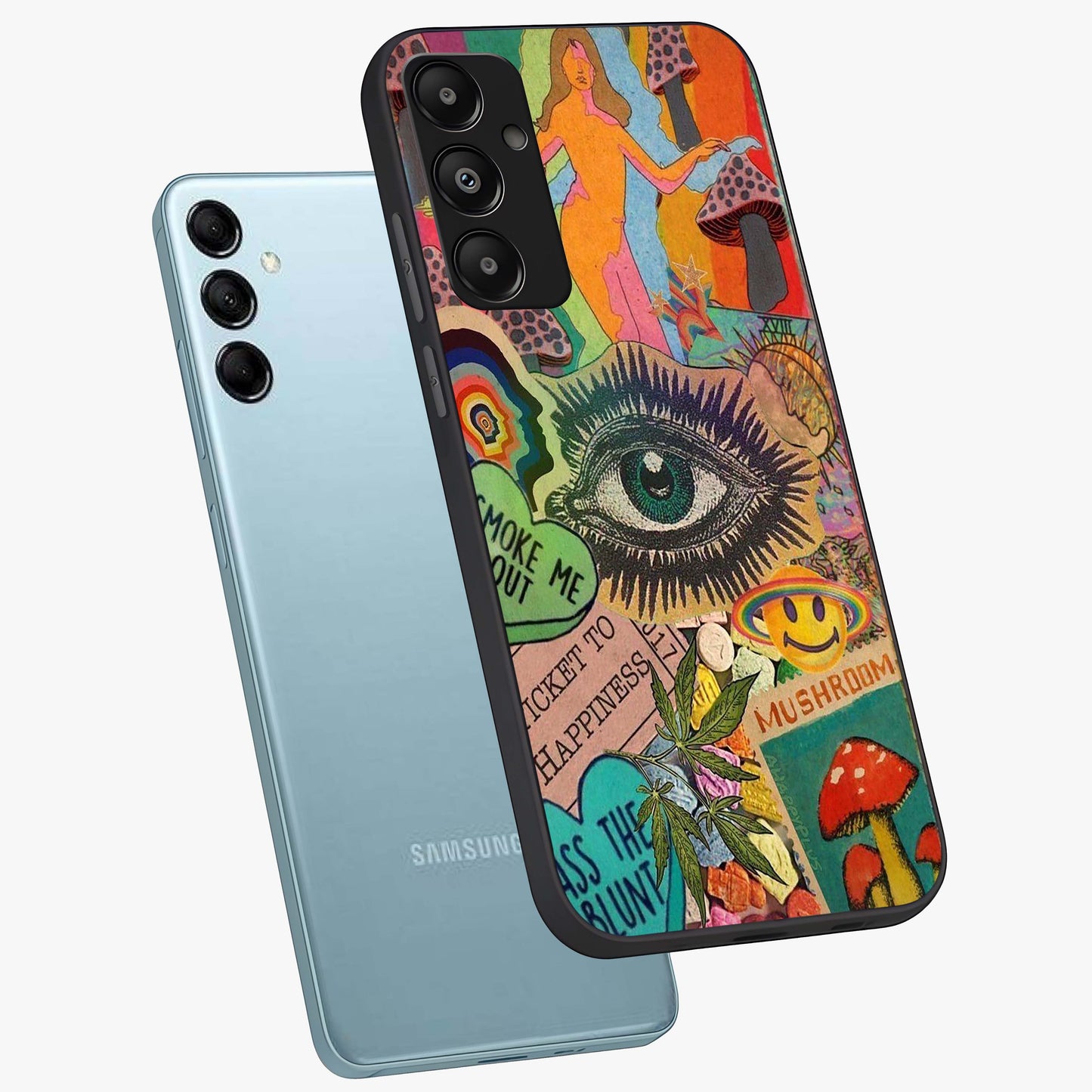 Mystic Eye Wonderland Glass Case displayed in angled mockup highlighting magical eye illustration with dreamy aesthetic.