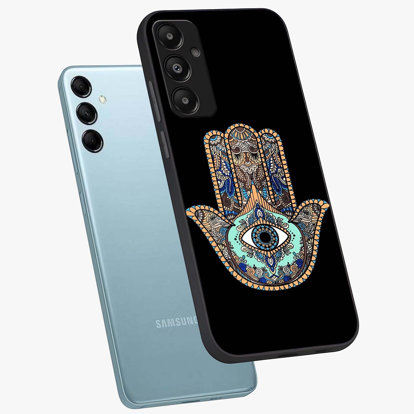 Mystic Hamsa Eye Glass Case displayed in angled mockup highlighting spiritual hamsa symbol with mystical aesthetic style.