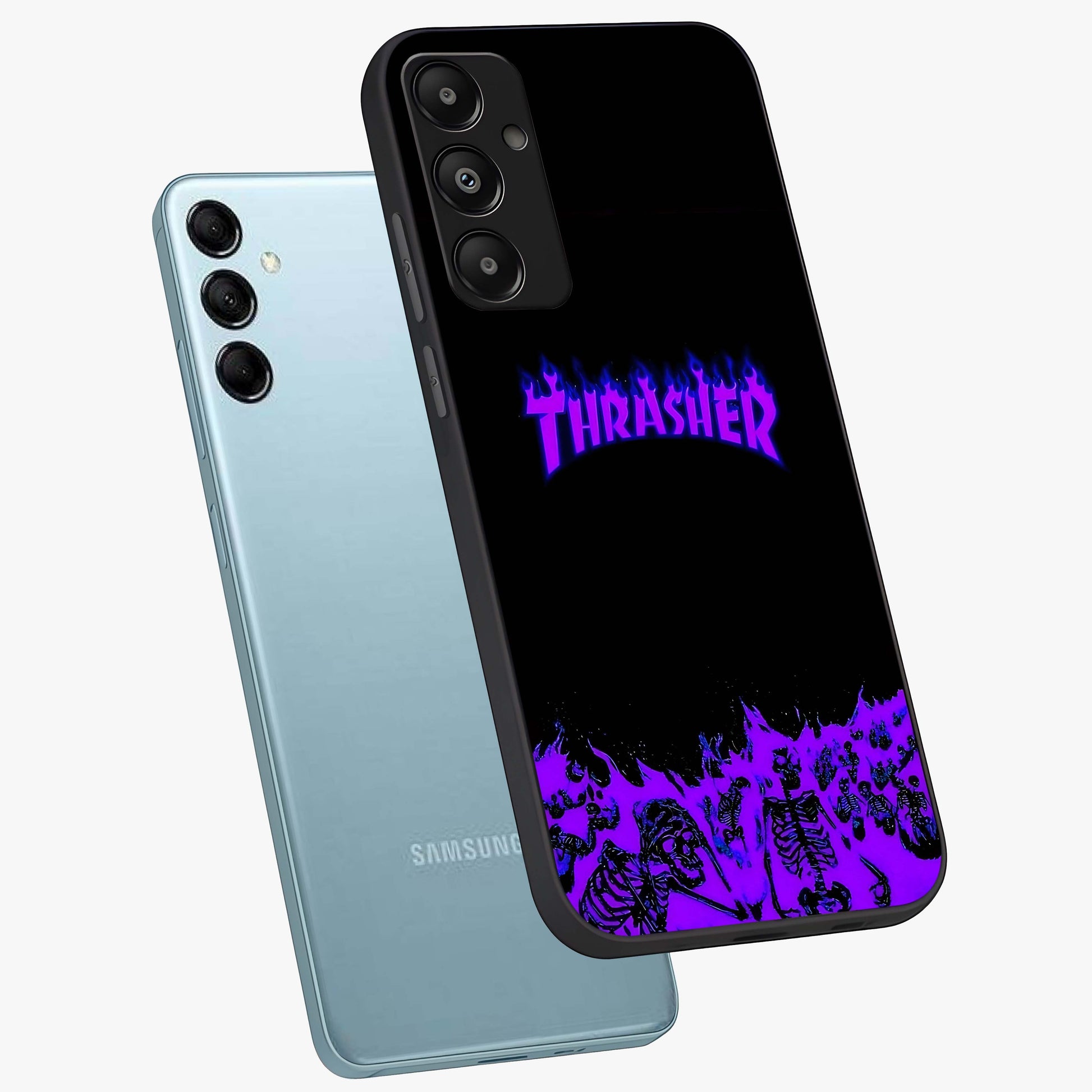 Neon Flame Riot Glass Case displayed in angled mockup highlighting glowing flame design with vibrant neon aesthetic.
