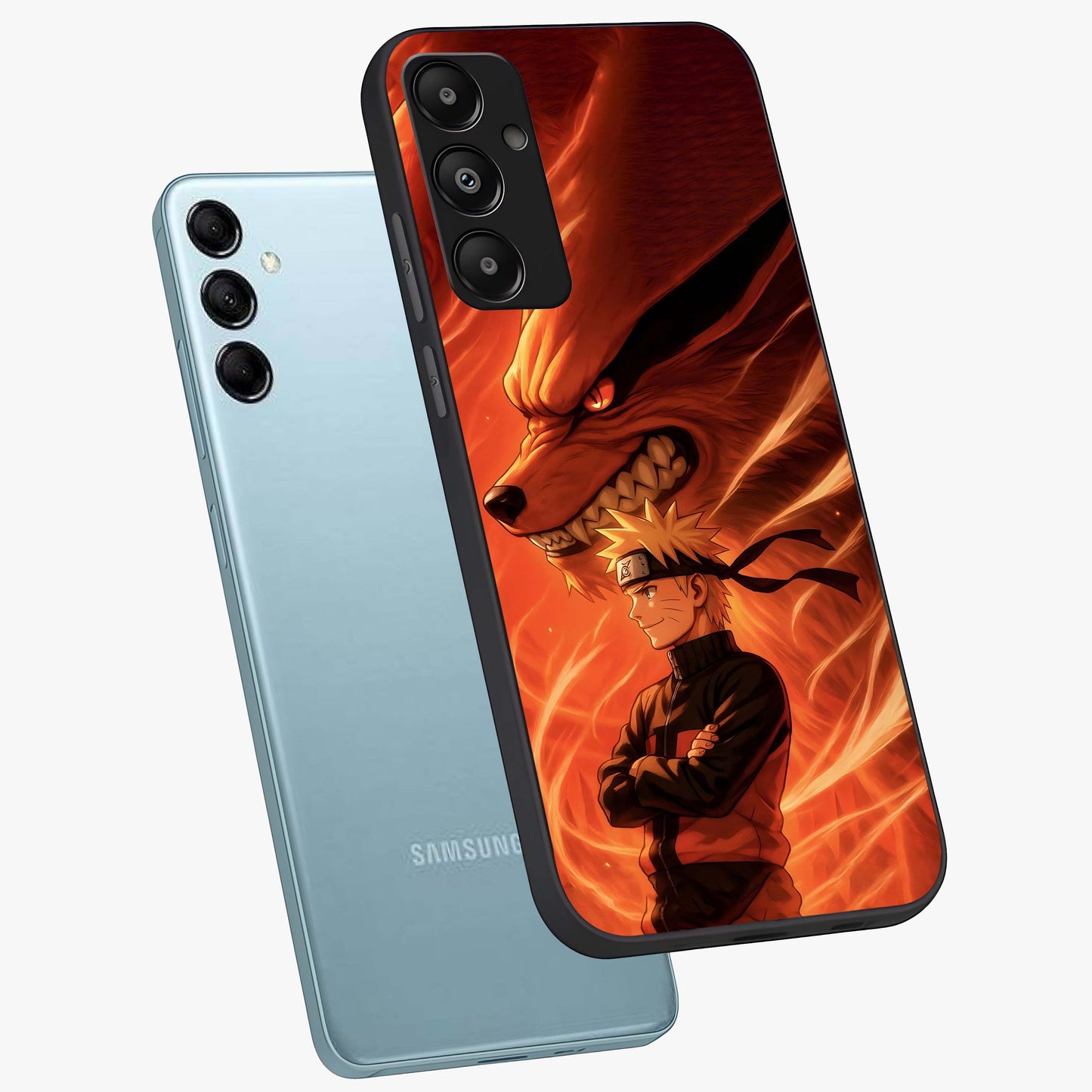 Nine Tails Legacy Glass Case displayed in angled mockup highlighting dynamic anime beast illustration with bold mystical aesthetic.