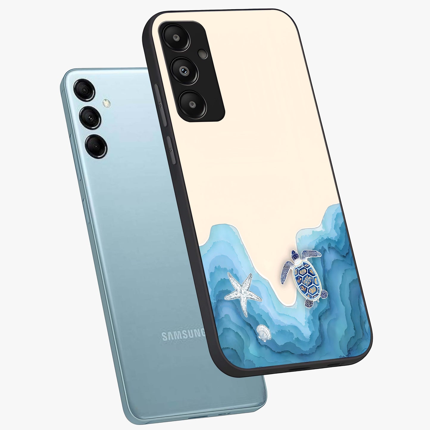 Ocean Drift Turtle Glass Case displayed in angled mockup highlighting peaceful ocean turtle illustration with marine aesthetic.