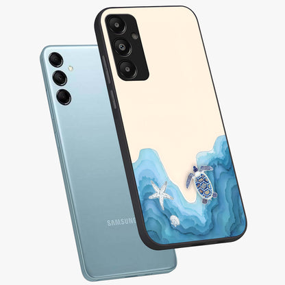Ocean Drift Turtle Glass Case displayed in angled mockup highlighting peaceful ocean turtle illustration with marine aesthetic.