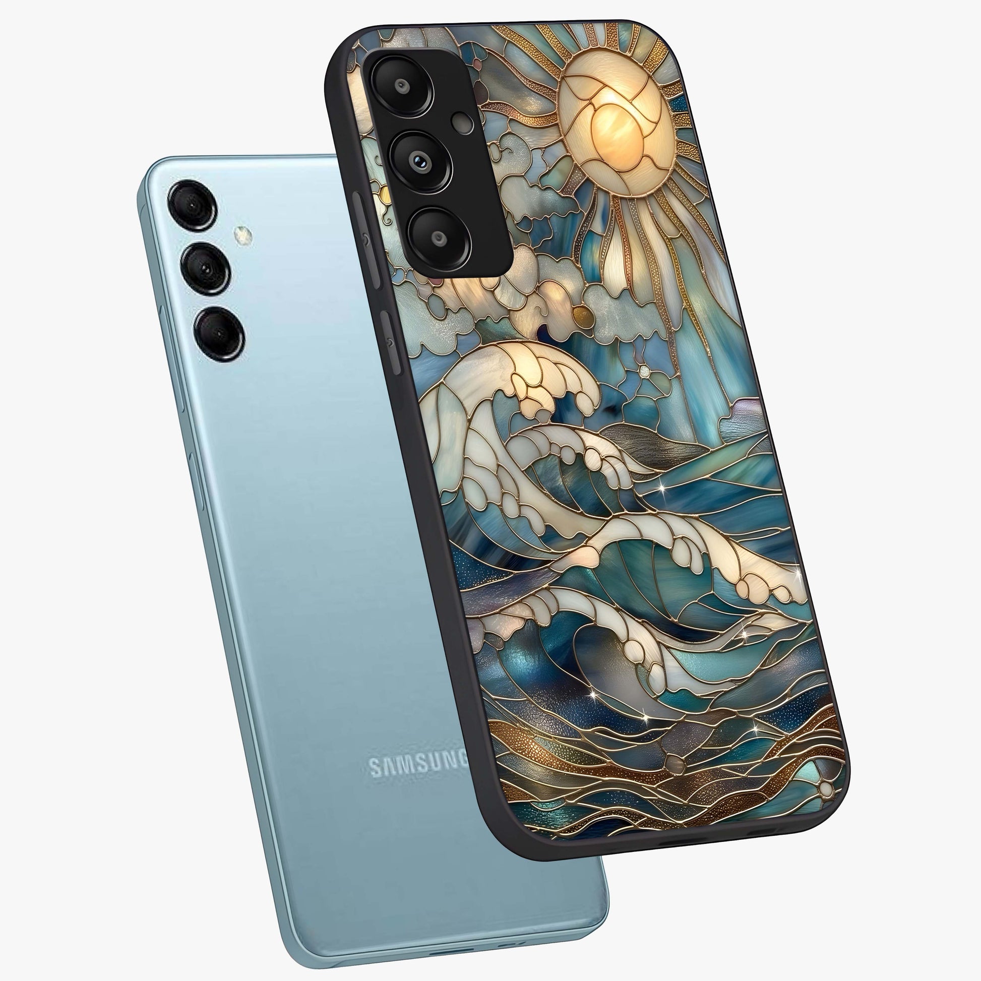 Oceanic Stained Printed Glass Case displayed in angled mockup highlighting colorful aquatic design with artistic aesthetic style.
