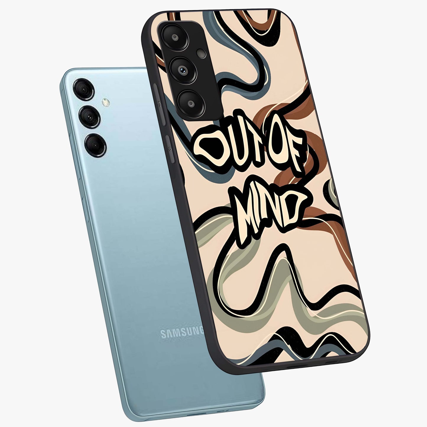 Out Of Mind Glass Case displayed in angled mockup highlighting bold statement design with modern artistic aesthetic.