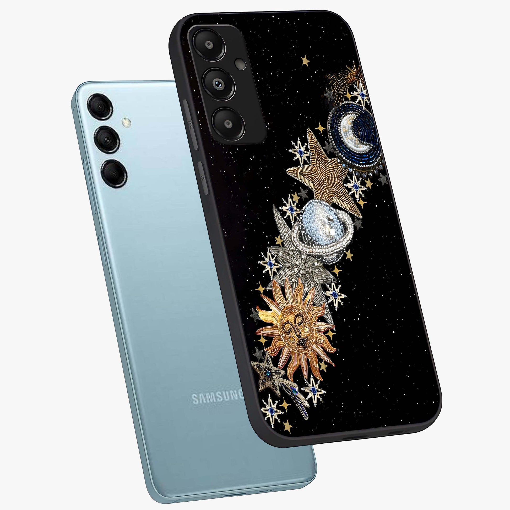 Pearls Universe Object Glass Case displayed in angled mockup highlighting celestial pearl design with dreamy aesthetic.