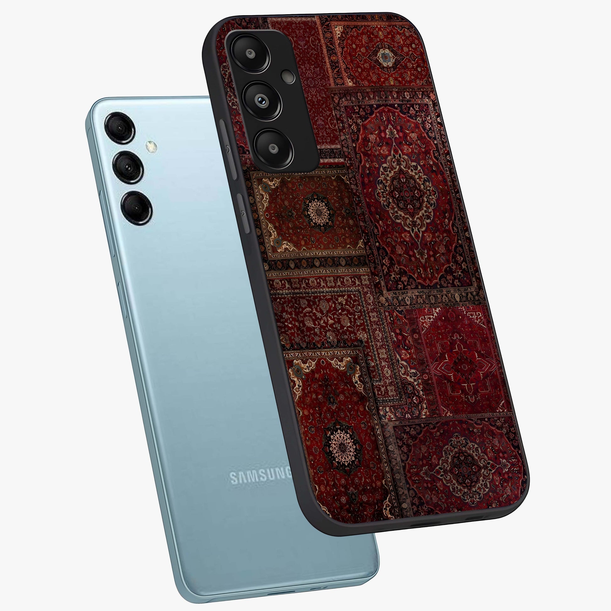 Persian Velvet Tale Glass Case displayed in angled mockup highlighting ornate textile inspired design with royal aesthetic.