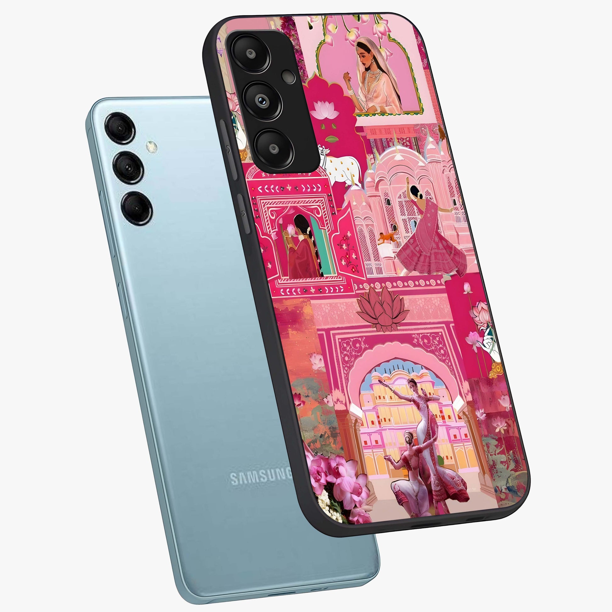 Pink Palace Muse Glass Case displayed in angled mockup highlighting dreamy palace illustration with soft pink aesthetic.