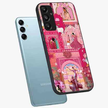Pink Palace Muse Glass Case displayed in angled mockup highlighting dreamy palace illustration with soft pink aesthetic.