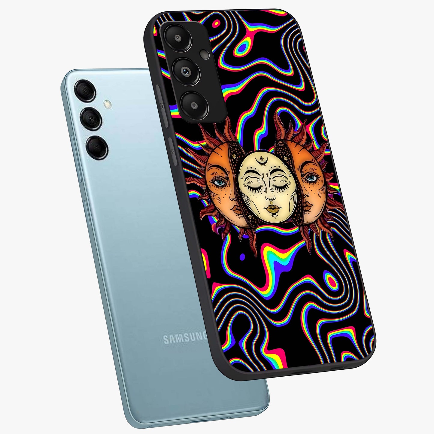 Psychedelic Sun Glass Case displayed in angled mockup highlighting vibrant abstract sun design with artistic aesthetic style.