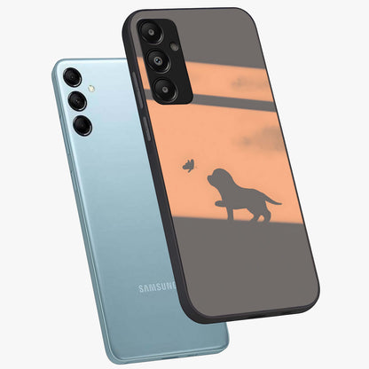 Puppy Shadow Art Glass Case displayed in angled mockup highlighting playful dog illustration with artistic shadow aesthetic.
