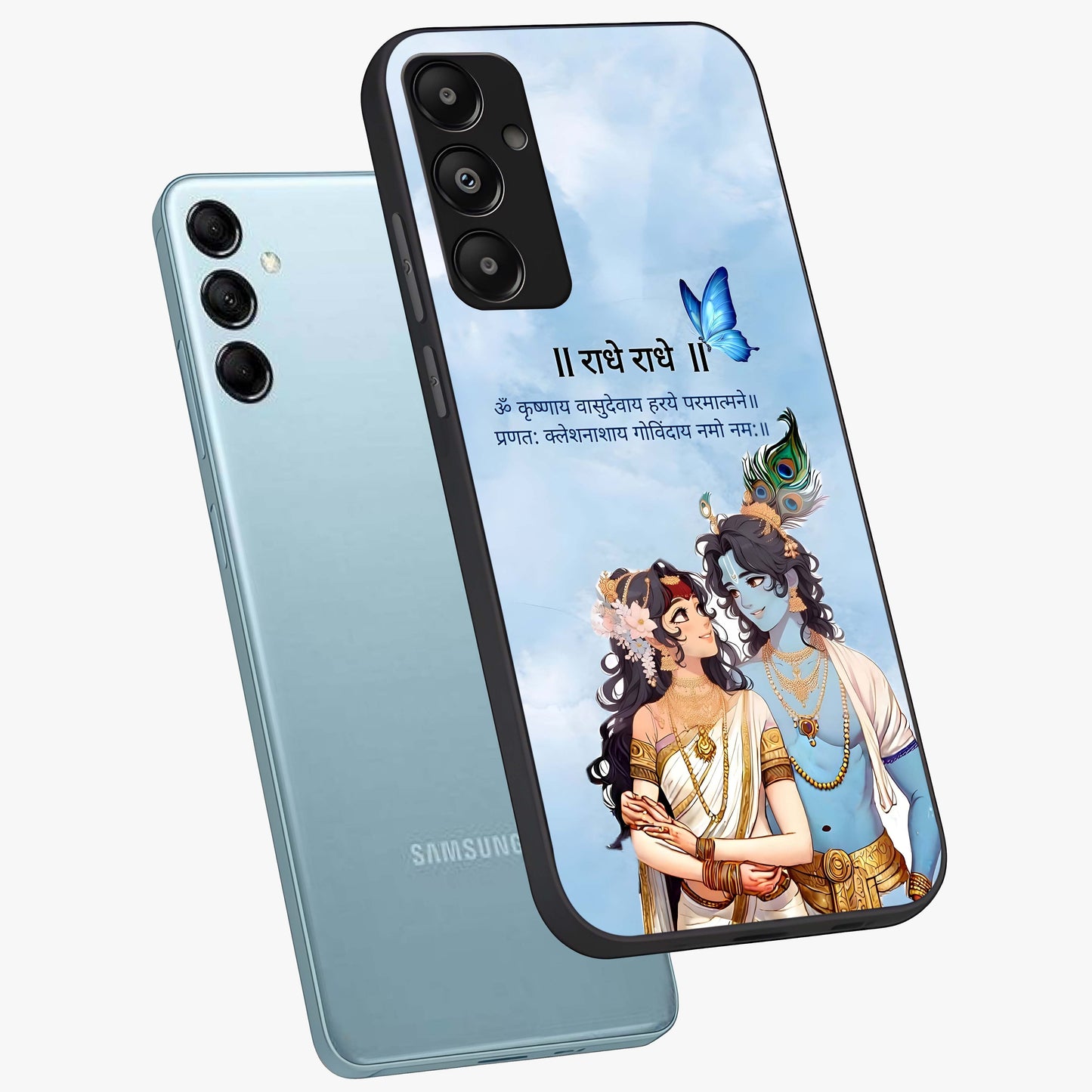 Radha Krishna Eternal Glass Case displayed in angled mockup highlighting divine Radha Krishna illustration with spiritual aesthetic.