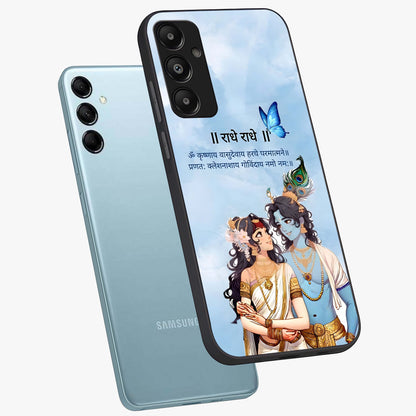 Radha Krishna Eternal Glass Case displayed in angled mockup highlighting divine Radha Krishna illustration with spiritual aesthetic.